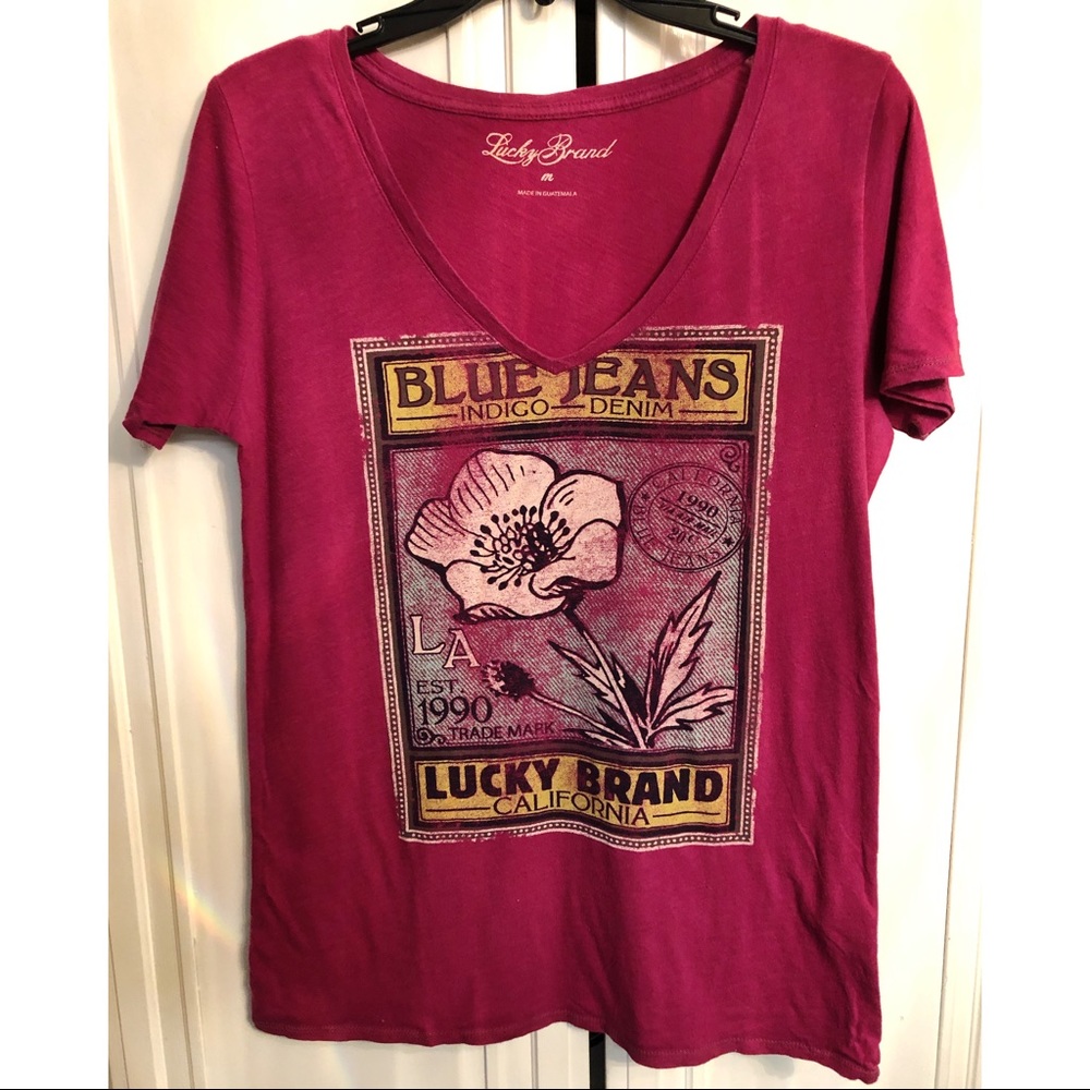 Lucky Brand pink floral blue Jean tee size M